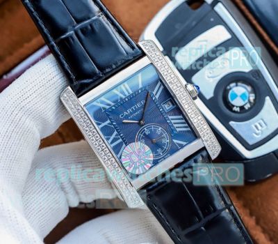 Swiss Cartier Tanks Stainless Steel Blue Dial Diamond Bezel Watch